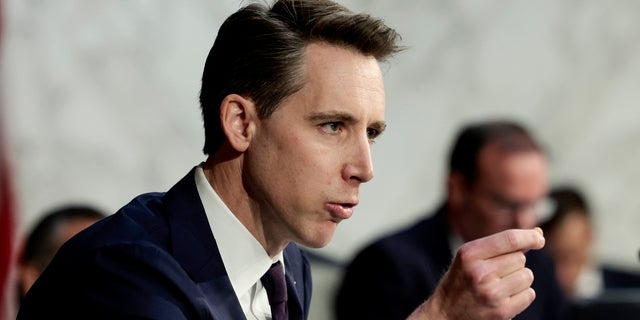 WASHINGTON, DC - APRIL 4: Sen. Josh Hawley (R-MO) speaks during a Senate Judiciary Committee business meeting to vote on Supreme Court nominee Judge Ketanji Brown Jackson on Capitol Hill, April 4, 2022 in Washington, DC. A confirmation vote from the full Senate will come later this week. (Photo by Anna Moneymaker/Getty Images).