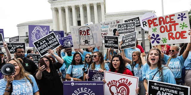 Pro-life demonstrators outside the U.S. Supreme Court in Washington, on Friday, June 24, 2022.