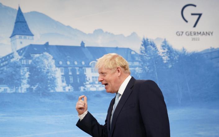 Prime Minister Boris Johnson taking part in TV interviews during the G7 summit in Schloss Elmau, in the Bavarian Alps,&nbsp; - Stefan Rousseau/PA