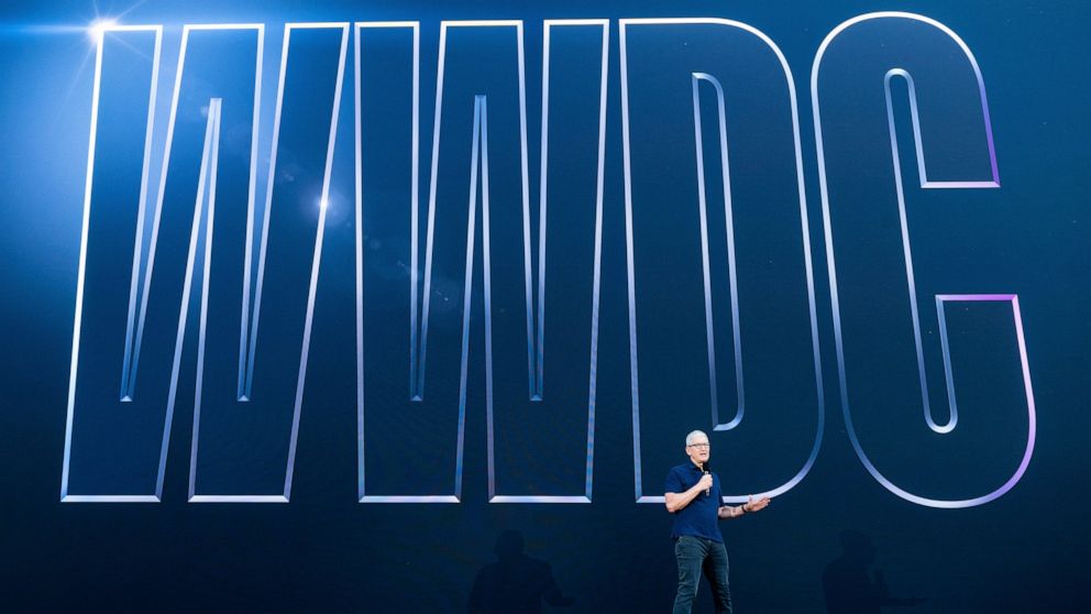 Apple CEO Tim Cook speaks Monday, June 6, 2022, during the keynote presentation of Apple's World Wide Developer Conference on the campus of Apple's headquarters in Cupertino, Calif. (AP Photo/Noah Berger)