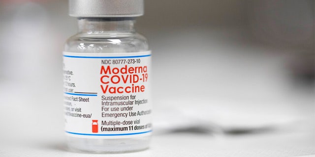 A vial of the Moderna COVID-19 vaccine at a pharmacy in Portland, Oregon, Dec. 27, 2021.