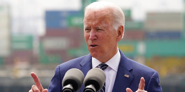 President Biden speaks about inflation and supply chain issues at the Port of Los Angeles June 10, 2022. 
