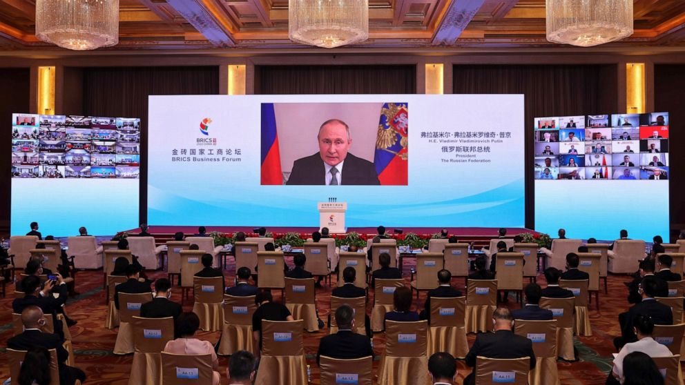 In this photo released by Xinhua News Agency, Russian President Vladimir Putin delivers a keynote speech in virtual format at the opening ceremony of the BRICS Business Forum in Beijing Wednesday, June 22, 2022. The conflict in Ukraine has "sounded a