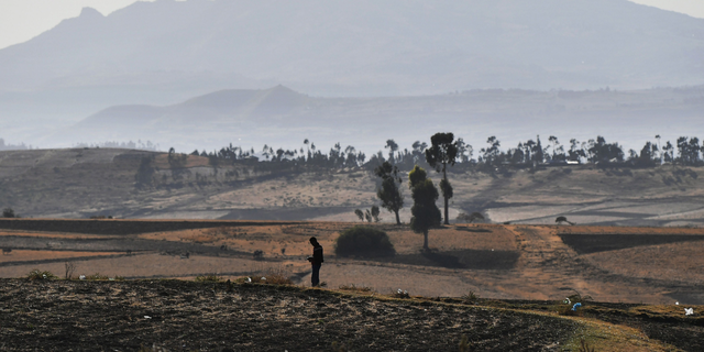 A man is silhoutted in a patchwork of harvested teff grain fields near the crash site of an Ethiopian airways operated by a Boeing 737 MAX aircraft on March 16, 2019, at Hama Quntushele village near Bishoftu in Oromia region. 
