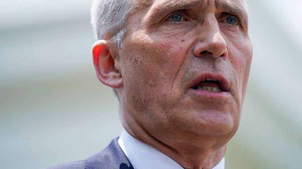 NATO Secretary General Jens Stoltenberg talks to reporters outside the White House after meeting with President Joe Biden, Thursday, June 2, 2022, in Washington. (AP Photo/Evan Vucci)