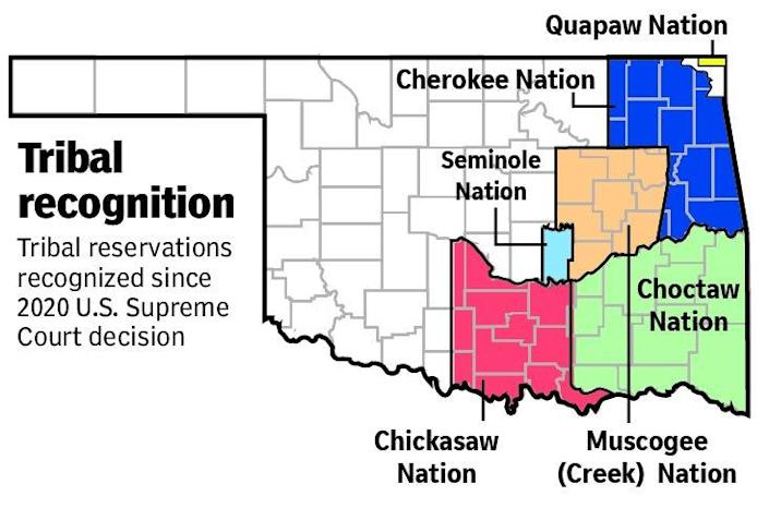 This map shows the six reservations affirmed by or since the 2020 U.S. Supreme Court decision in McGirt v. Oklahoma.