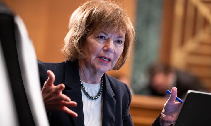 Sen. Tina Smith (D-Minn.) questions Federal Reserve Chairman Jerome Powell during the Senate Banking Committee hearing in Washington, D.C., on March 3, 2022.