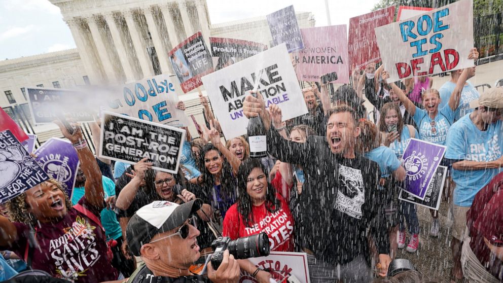 A celebration outside the Supreme Court, Friday, June 24, 2022, in Washington. The Supreme Court has ended constitutional protections for abortion that had been in place nearly 50 years — a decision by its conservative majority to overturn the court'