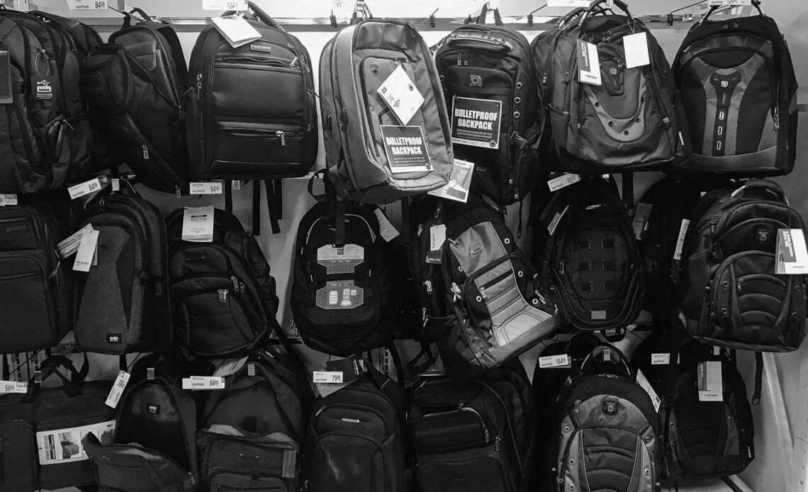 A 2019 photo shows bulletproof backpacks for sale at an Office Depot in Evanston, Illinois.