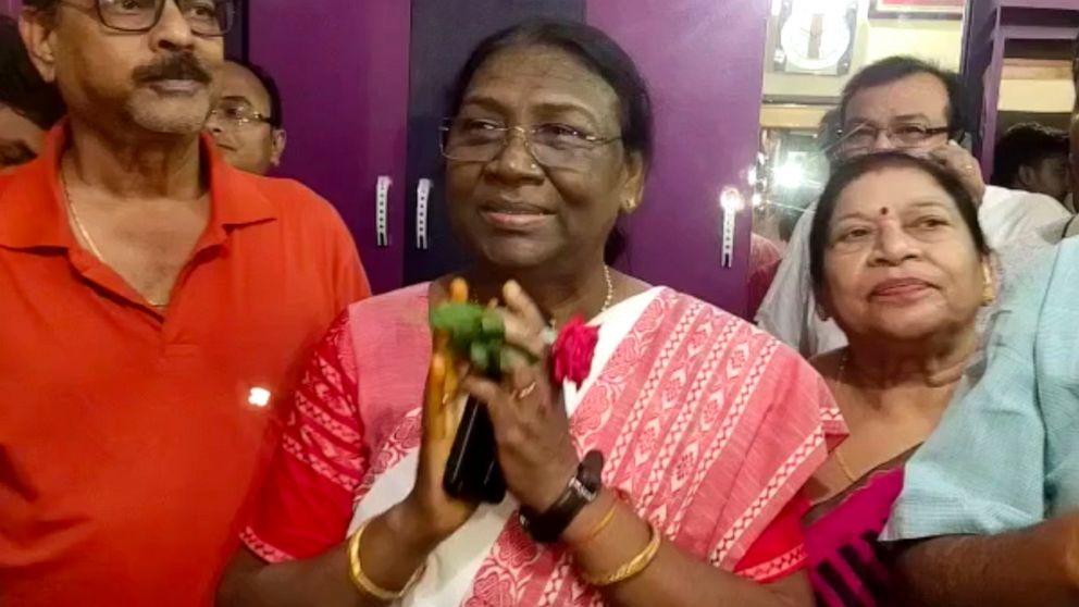 India's governing Bharatiya Janata Party's presidential candidate Draupadi Murmu, greets well wishers who called on her at Raigangpur in Odisha, India, Wednesday, June 22, 2022. The 64 years old woman representing India’s poor tribal community is lik