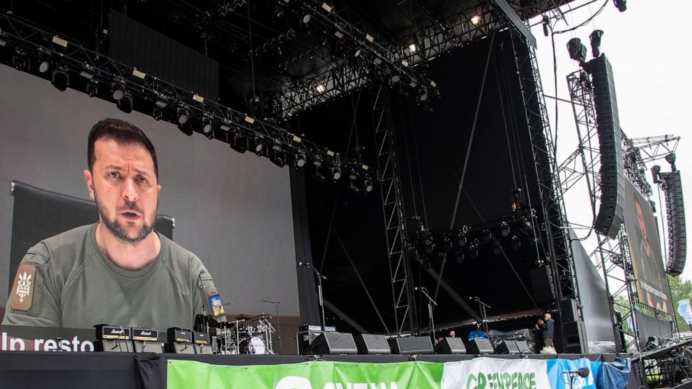 Ukrainian President Volodymyr Zelenskyy speaks via video at the Glastonbury Festival in Worthy Farm, Somerset, England, Friday, June 24, 2022. (Photo by Joel C Ryan/Invision/AP)