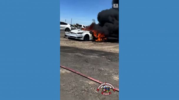 WATCH:  Tesla vehicle sparks fire weeks after crash