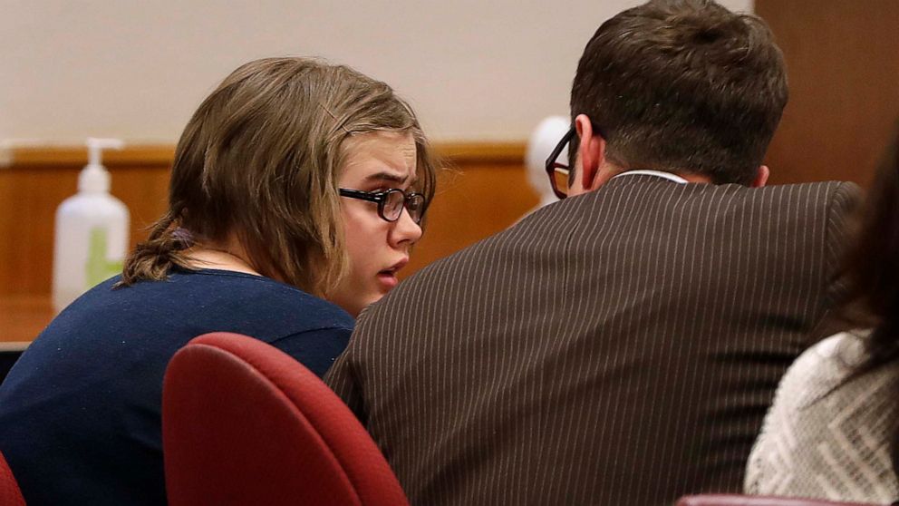 Morgan Geyser speaks with attorney Anthony Cotton, Feb. 1, 2018. Geyser, 20, is asking a judge in Waukesha County to order her release as he did last year for her co-defendant, Anissa Weier. A hearing is scheduled Thursday, June 23, 2022. Geyser and