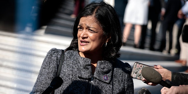 Chair of the Congressional Progressive Caucus Rep. Pramila Jayapal, D-Wash., speaks with reporters outside the U.S. Capitol Building on Nov. 18, 2021 in Washington. (Photo by Anna Moneymaker/Getty Images)