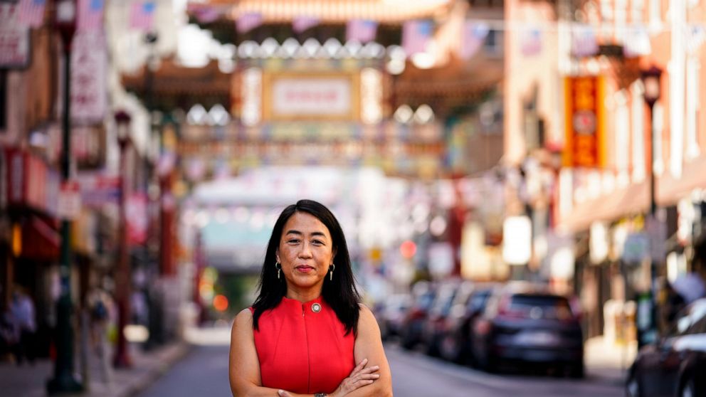 Philadelphia Councilmember Helen Gym poses for a photograph in the Chinatown neighborhood of Philadelphia, Friday, July 22, 2022. (AP Photo/Matt Rourke)