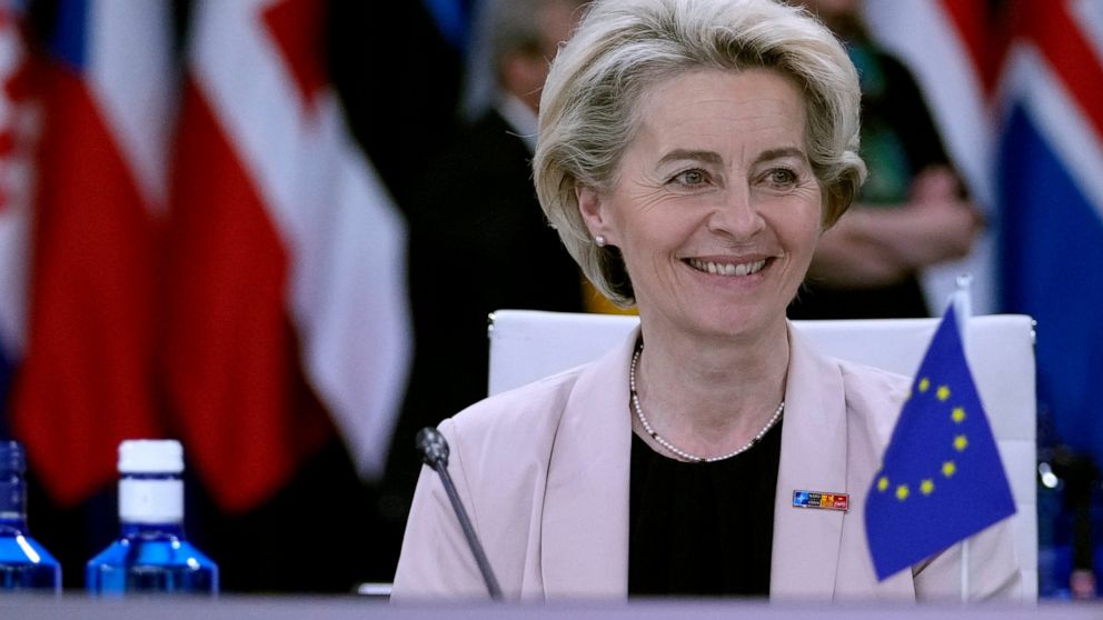 FILE - European Commission President Ursula von der Leyen waits for the start of a round table meeting at a NATO summit in Madrid, Spain on Wednesday, June 29, 2022. The EU’s executive arm pledged an emergency plan this month to help member countries