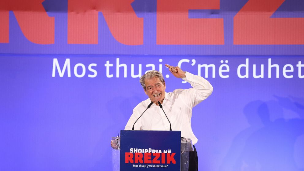 Former Albanian Prime Minister and Democratic Party leader Sali Berisha speaks during an anti-government rally in Tirana, Albania, on Thursday, July 7, 2022. The Albanian opposition rallied Thursday in the capital Tirana calling for the resignation o