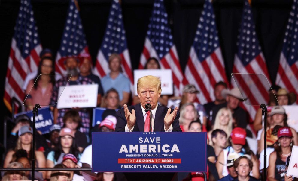 PHOTO: Former President Donald Trump speaks at a "Save America" rally in support of Arizona GOP candidates on July 22, 2022, in Prescott Valley, Ariz.