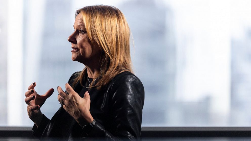 Mary Barra, CEO of General Motors, speaks during an interview with The Associated Press, Thursday, July 14, 2022, in New York. The economy is a bit wobbly, but General Motors CEO Mary Barra isn't backing off of an audacious prediction: By the middle