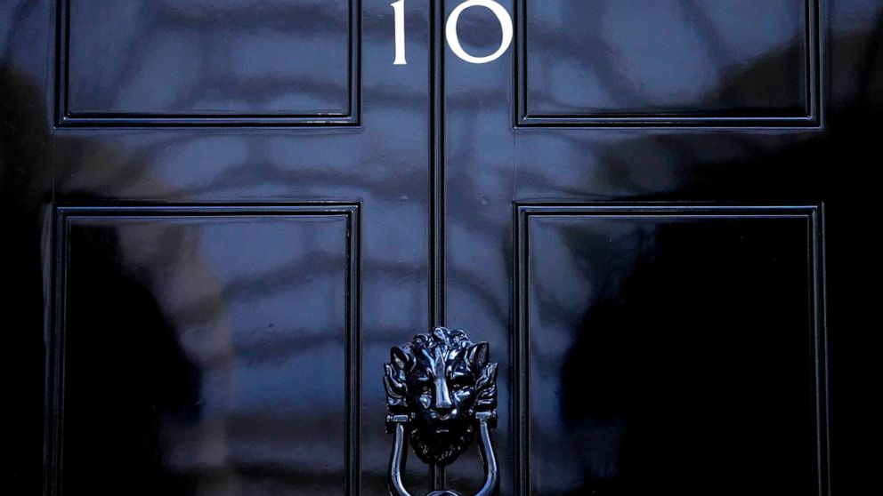 The door to 10 Downing Street in London, Friday, July 8, 2022. Britain's Prime Minister Boris Johnson announced that less than three years after becoming Prime Minister, he was resigning and would remain in office only until a successor emerged.(AP P