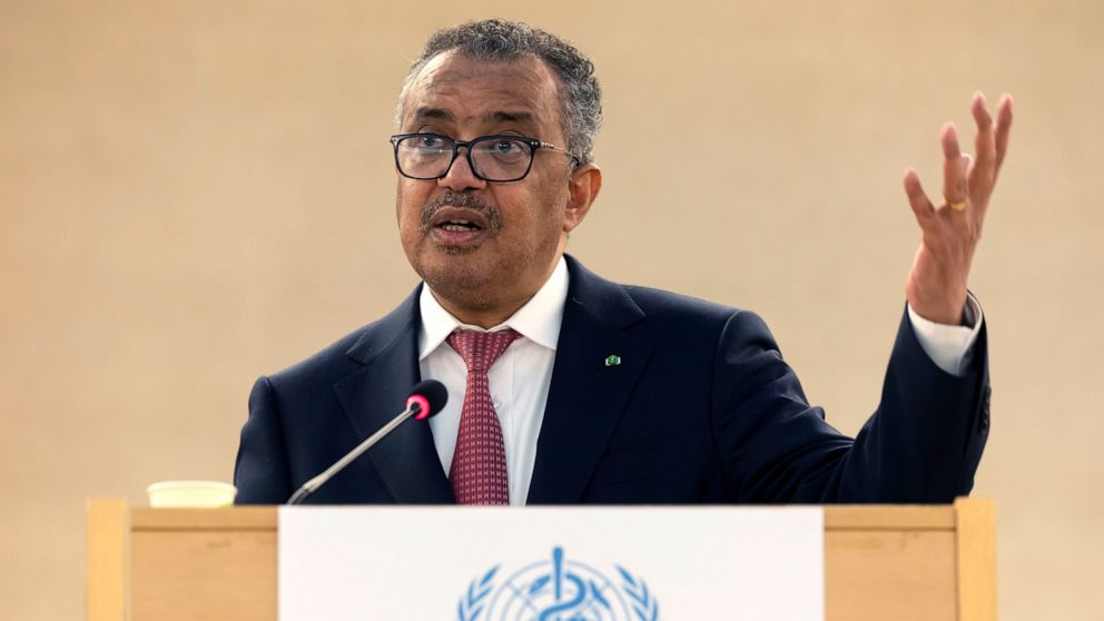 FILE - Tedros Adhanom Ghebreyesus, Director General of the World Health Organization (WHO) delivers his speech after his reelection, during the 75th World Health Assembly at the European headquarters of the United Nations in Geneva, Switzerland, on M