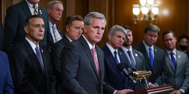House Minority Leader Kevin McCarthy, R-Calif., and Republican members criticize President Joe Biden and House Speaker Nancy Pelosi on the close of the war in Afghanistan, during a news conference at the Capitol in Washington, Tuesday, Aug. 31, 2021.