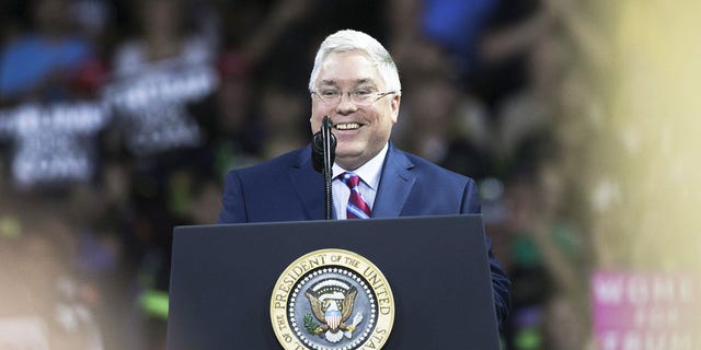 West Virginia Attorney General Patrick Morrisey during a rally with President Donald Trump, not pictured, in Charleston, West Virginia, on Tuesday, Aug. 21, 2018.