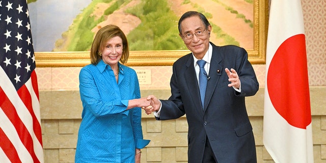 US House Speaker Nancy Pelosi (L) shakes hands with Hiroyuki Hosoda, speaker of Japan's House of Representatives, during a meeting in Tokyo.