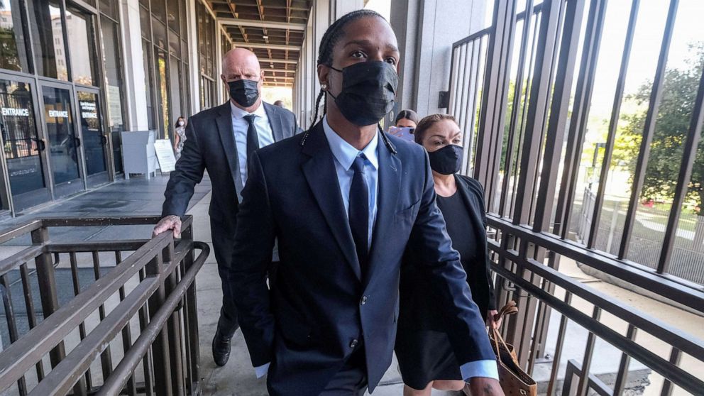 PHOTO: Rapper A$AP Rocky, also known as Rakim Mayers, leaves after his arraignment hearing on charges of assault with a firearm, in Los Angeles, Aug. 17, 2022.