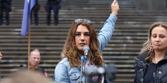 Senator Lidia Thorpe speaks during a rally in front of Parliament House on April 10, 2021 in Melbourne, Australia.