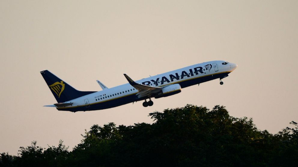 FILE - A Ryanair plane takes off from Budapest Airport, in Budapest, Hungary, June 12, 2022. Hungary has accused Ryanair of consumer protection violations after it raised ticket prices to cope with a tax on what the government calls “extra profits.”