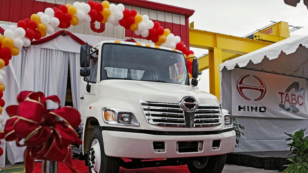 FILE - The first Hino truck assembled in North America is unveiled Tuesday, Oct. 19, 2004, at the Toyota's longest operating U.S. manufacturing facility, TABC, Inc. in Long Beach, Calif. Hino Motors, a truck maker that’s part of the Toyota group, sys