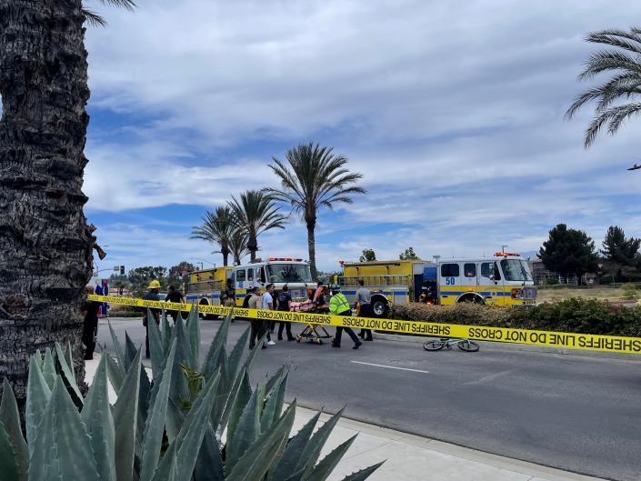 A teen with minor injuries is transported from Promenade Drive in Camarillo after a car hit two teenage bicyclists early Friday afternoon. A second cyclist suffered serious injuries, officials said.