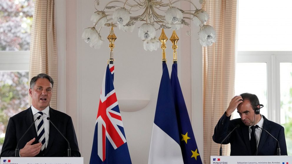 Deputy Prime Minister of Australia and Minister for Defense Richard Marles, left, speaks during a joint press conference with French Defense Minister Sebastien Lecornu Thursday, Sept. 1, 2022 in Brest, Brittany. After coming to power in May elections