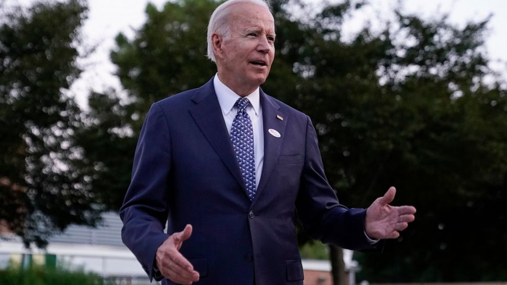 President Joe Biden speaks to reporters after voting in the Delaware primary election at Tatnall School in Wilmington, Del., Tuesday, Sept. 13, 2022. (AP Photo/Andrew Harnik)