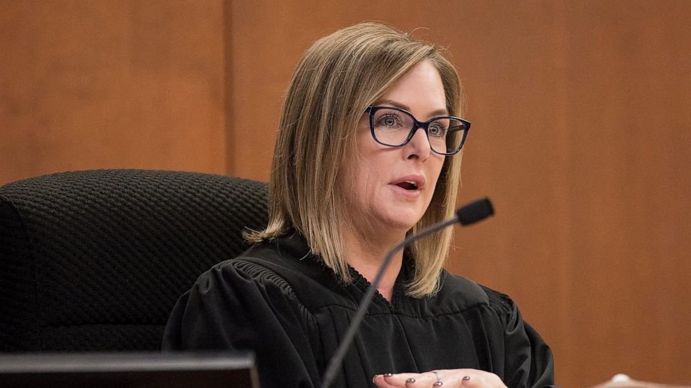 The Hon. Kellie Johnson presides over a hearing in Pima County Superior Court in Tucson, Ariz. on Friday, Aug. 19, 2022. (Mamta Popat/Arizona Daily Star via AP, Pool)