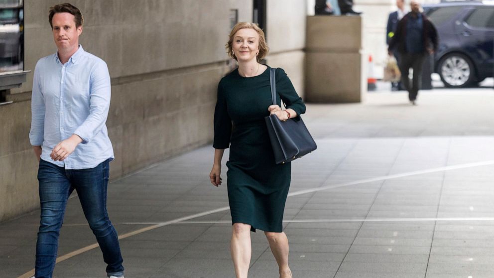 Liz Truss arrives at BBC Broadcasting House in London, to appear on the BBC One current affairs programme, Sunday with Laura Kuenssberg, Sunday Sept. 4, 2022. (James Manning/PA via AP)