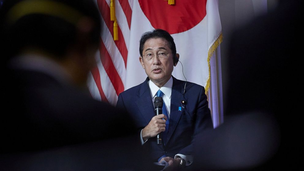 FILE - Prime Minister of Japan Fumio Kishida speaks at the NYSE, Sept. 22, 2022, in New York. Kishida, in telephone call, Friday, Sept. 30, 2022, with Ukrainian President Volodymyr Zelenskyy, condemned Russia’s new annexation of parts of Ukraine as i