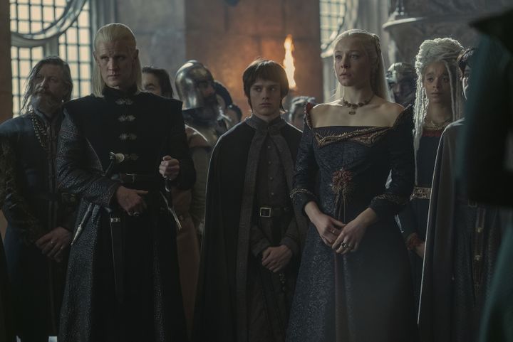 Matt Smith (Prince Daemon Targaryen), Harry Collett (Prince Jacaerys 'Jace' Velaryon) and Emma D'Arcy (Princess Rhaenyra Targaryen) act in “House of the Dragon” Episode 8.