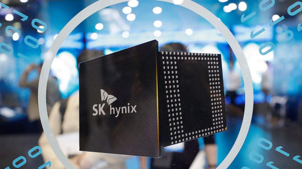 FILE - A logo of SK Hynix is seen at Korea Electronics Show in Seoul, South Korea, on Oct. 8, 2019. South Korean computer chipmaker SK Hynix says it could possibly be forced to sell its manufacturing operations in China if the United States further i