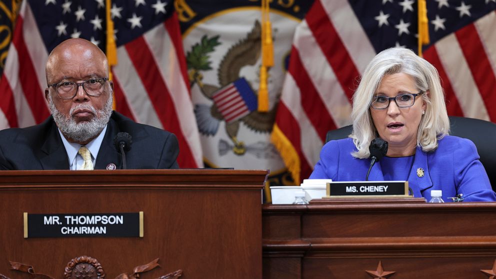 PHOTO: Rep. Bennie Thompson, Chair of the Select Committee to Investigate the January 6th Attack on the U.S. Capitol, and Vice Chairwoman Rep. Liz Cheney preside over a hearing on Capitol Hill, June 9, 2022.