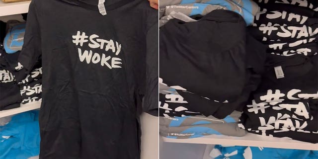 A split image of the "woke" t-shirts found in a closet at Twitter headquarters.