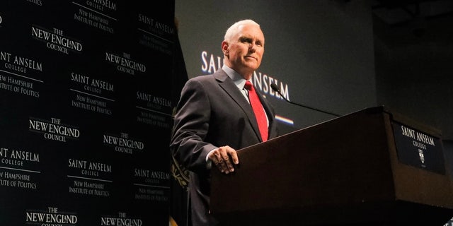 Former Vice President Mike Pence speaks at "Politics and Eggs" at Saint Anselm College's New Hampshire Institute of Politics Aug. 17, 2022, in Goffstown, N.H. 