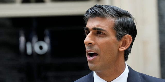 New British Prime Minister Rishi Sunak speaks at Downing Street in London, Oct. 25, 2022, after returning from Buckingham Palace where he was formally appointed to the post by Britain's King Charles III.
