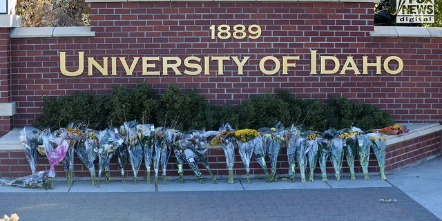 Flowers at an improvised memorial at the University of Idaho in Moscow, Idaho Monday, November 21, 2022, for four of its students who were slain on November 13.