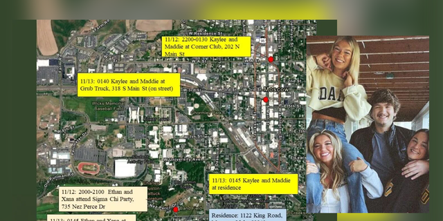 An aerial map released by the Moscow City Police Department shows the final movements of Ethan Chapin, Madison Mogen, Xana Kernodle, and Kaylee Goncalves before they were brutally slaughtered in their home Nov. 13.  Inset, a photo of the victims.