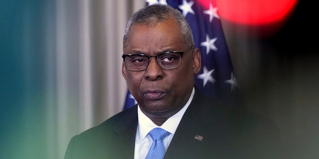 Secretary of Defense Lloyd Austin addresses the media during a press conference at Ramstein Air Base in Ramstein, Germany, on April 26, 2022.