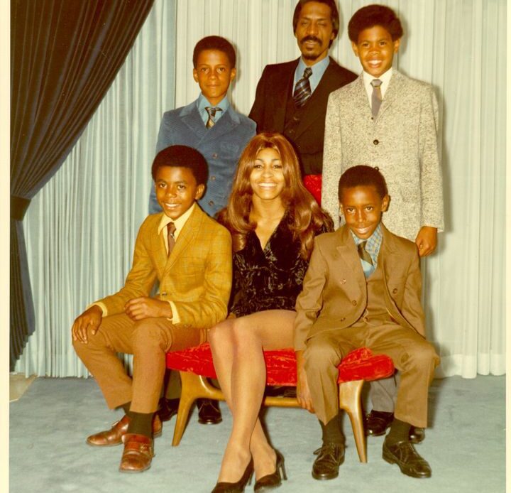 Tina Turner in the early 70s with her late ex-husband and four sons; clockwise from bottom left Michael, Ike Jr., Ike Turner, Craig, Ronnie
