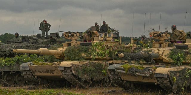 The U.S. Abrams tanks seen at the training ground in Nowa Deba on Sept. 21, 2022, in Nowa Deba, Subcarpathian Voivodeship, Poland. 