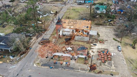 This image taken with a drone shows tornado damage, Friday, January 13, 2023, in Selma, Alabama.